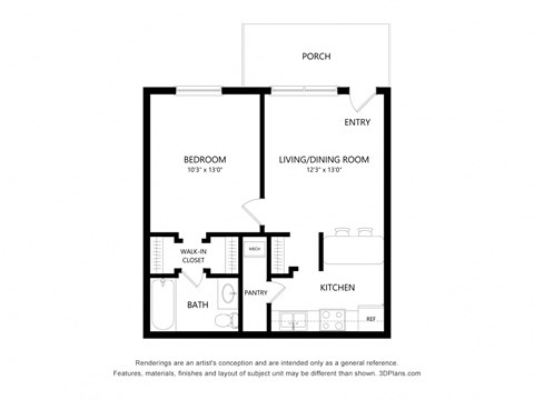 Floor plan for 1 bed, 1 bath, 547 sqft